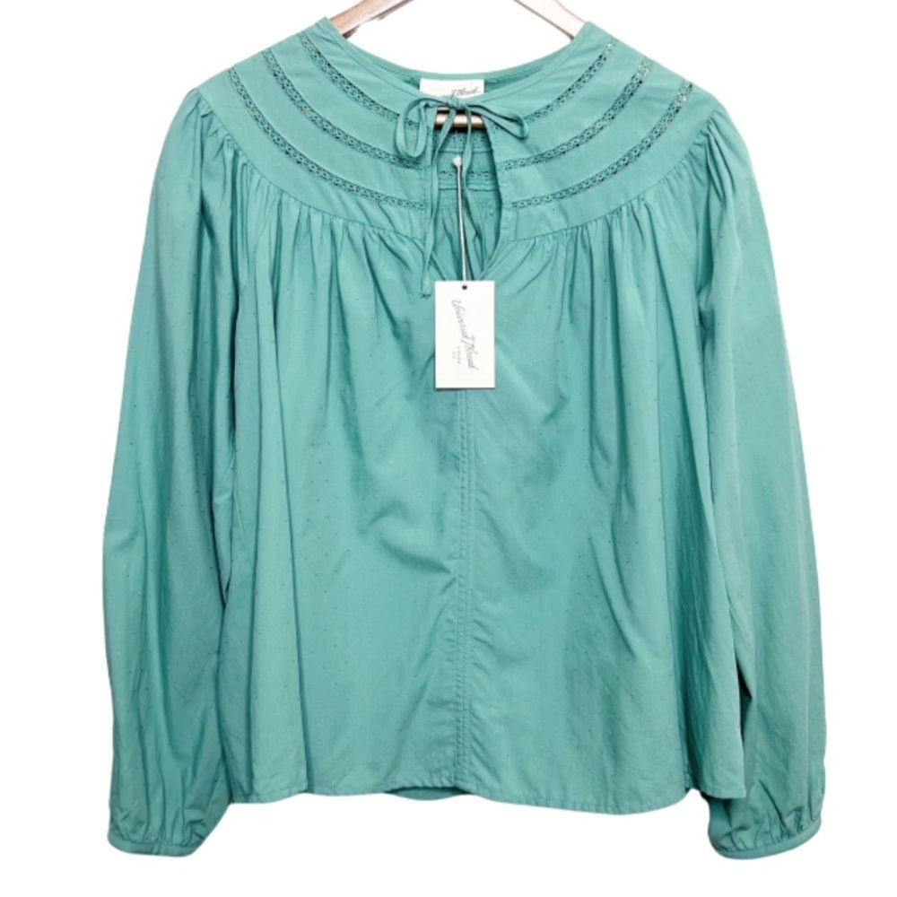NWT Universal‎ Thread Womens Teal Long Sleeve Tie Neck Blouse With Eyelet Detail